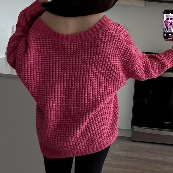 Oversized Hot Pink Off The Shoulder Chunky Knit Sweater Size M - Picture 6 of 10